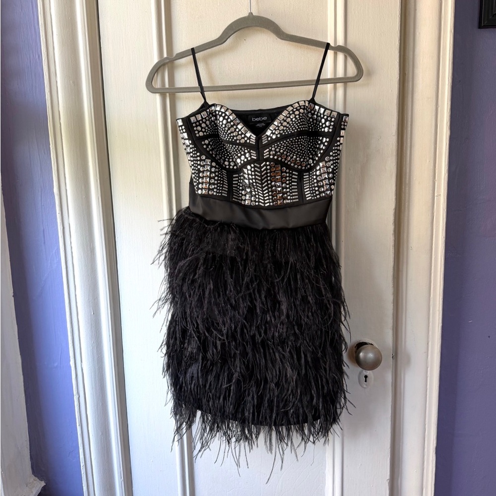 Bebe Black Studded Feather Mini Dress